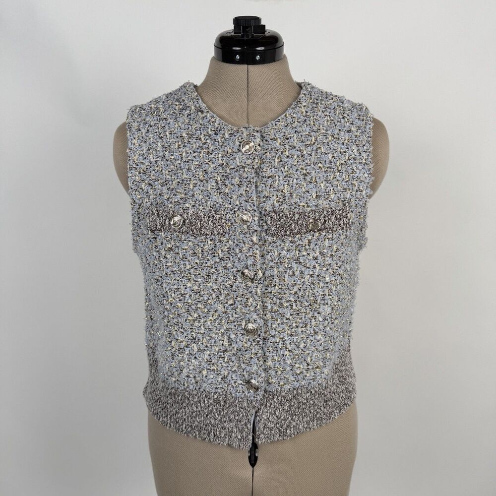 WHBM Women's Tweed Sweater Vest M Button Front Blue Multi Preppy Academia 90's